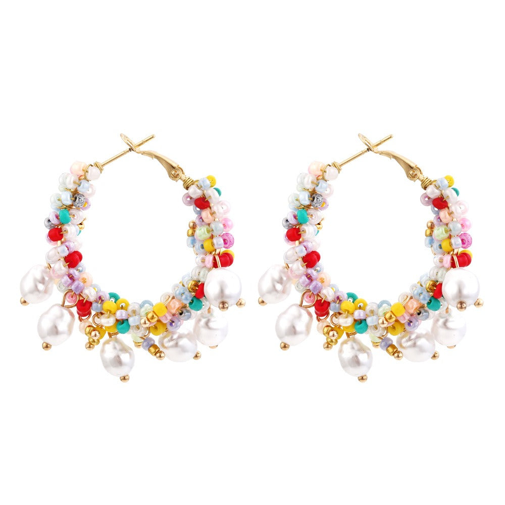 Bohemian Crystal Pearl Beaded Earrings Women Fashion Hoop Jewelry