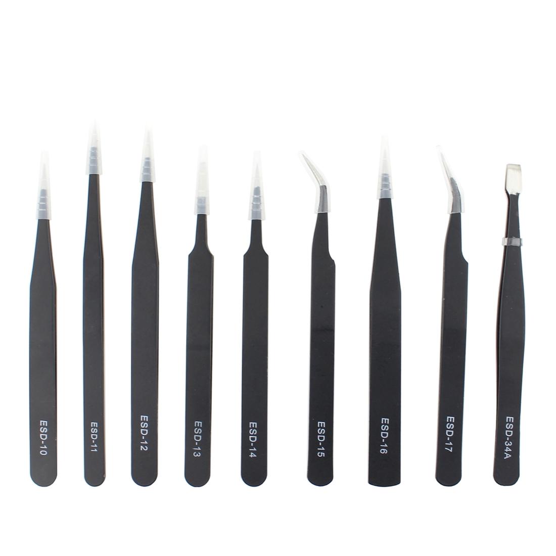 9 Piece Anti Static Precision Tweezers Set With Carrying Bag For Electronics Repair