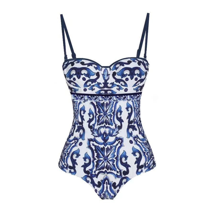 Blue And White Porcelain Print Retro Beach Vacation Hot Spring Swimsuit