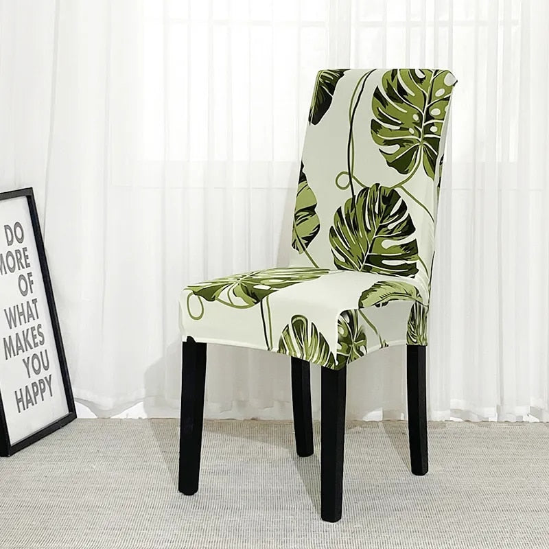 Chair Cover Green Leaves Design Anti Dirt Elastic Material For Dining Room Kitchen