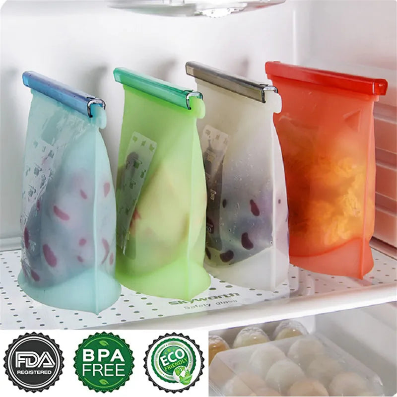 Silicone Bags Reusable Food Airtight Seal Grade For Vegetable Liquid Snack Meat
