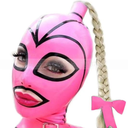 1 Sets of House Of Dasein 1 Sets Women Men Latex Mask With Twist Braid Wig Back Zip Rubber Fetish Hood Lm264
