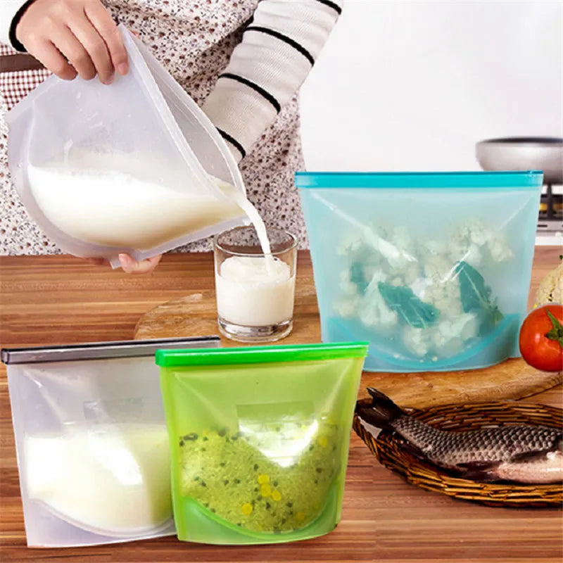 Silicone Bags Reusable Food Airtight Seal Grade For Vegetable Liquid Snack Meat