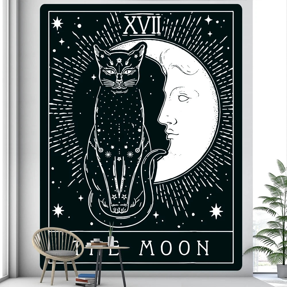 Tapestry Black The Moon And Cat Psychedelic Scene Art For Home Decor