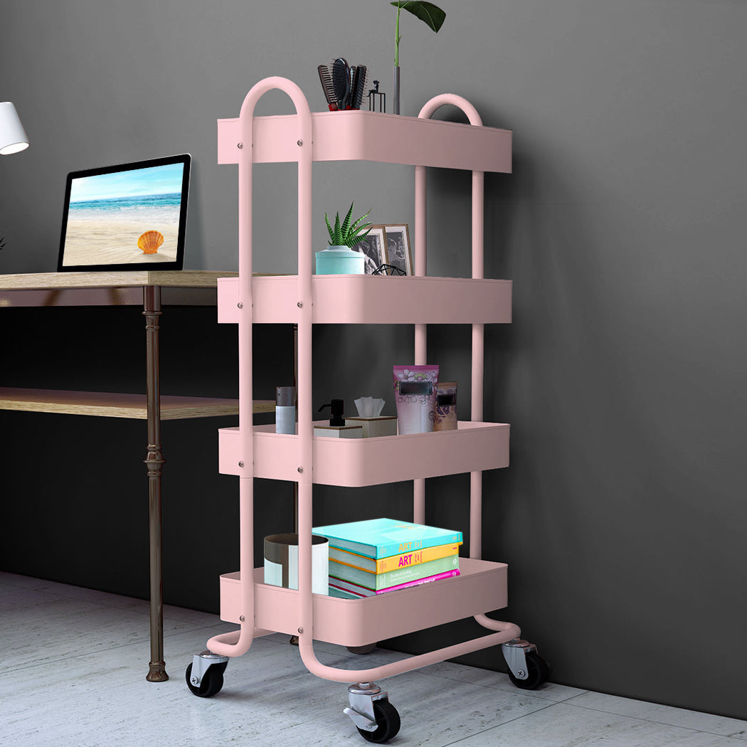 4 Tier Kitchen Trolley Cart Pink Storage Rolling Organizer For Home Office