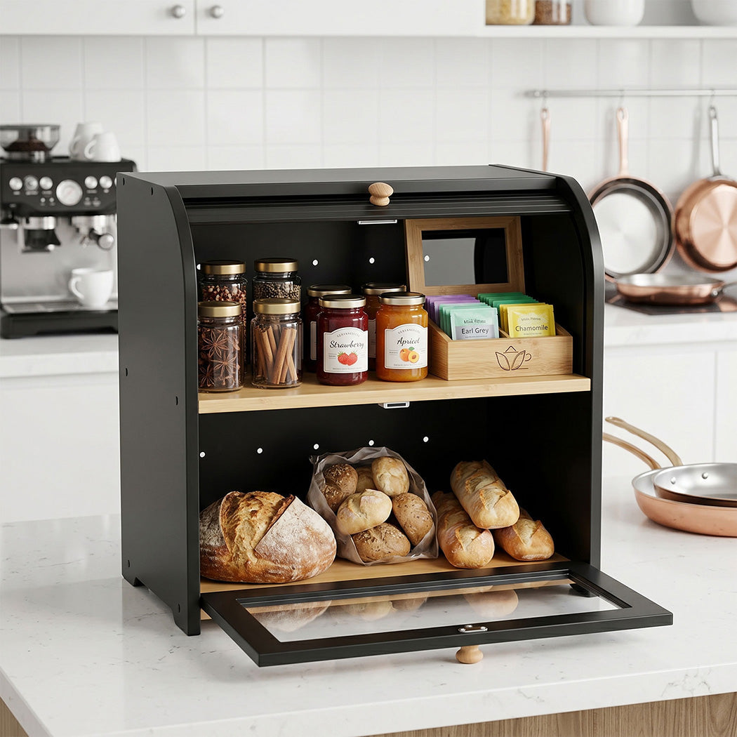 Toque 2 Tier Bamboo Bread Bin With Roll Top Door Kitchen Storage