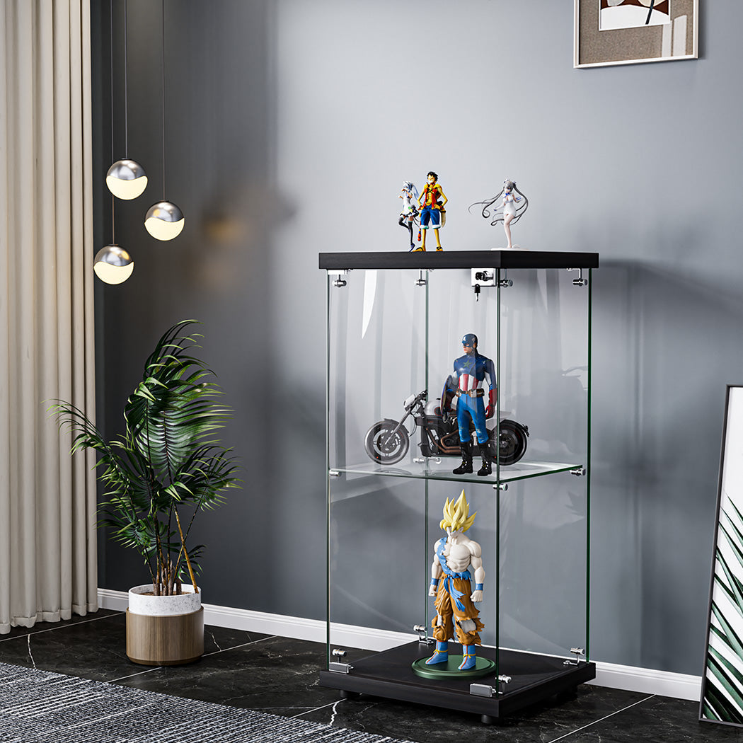 2-Tier Tempered Glass Display Cabinet With Lock Black Collection Storage