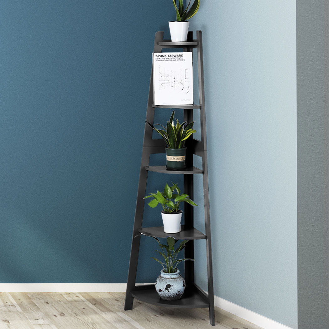 Black 5 Tier Corner Shelf Storage Unit For Home Organization And Display