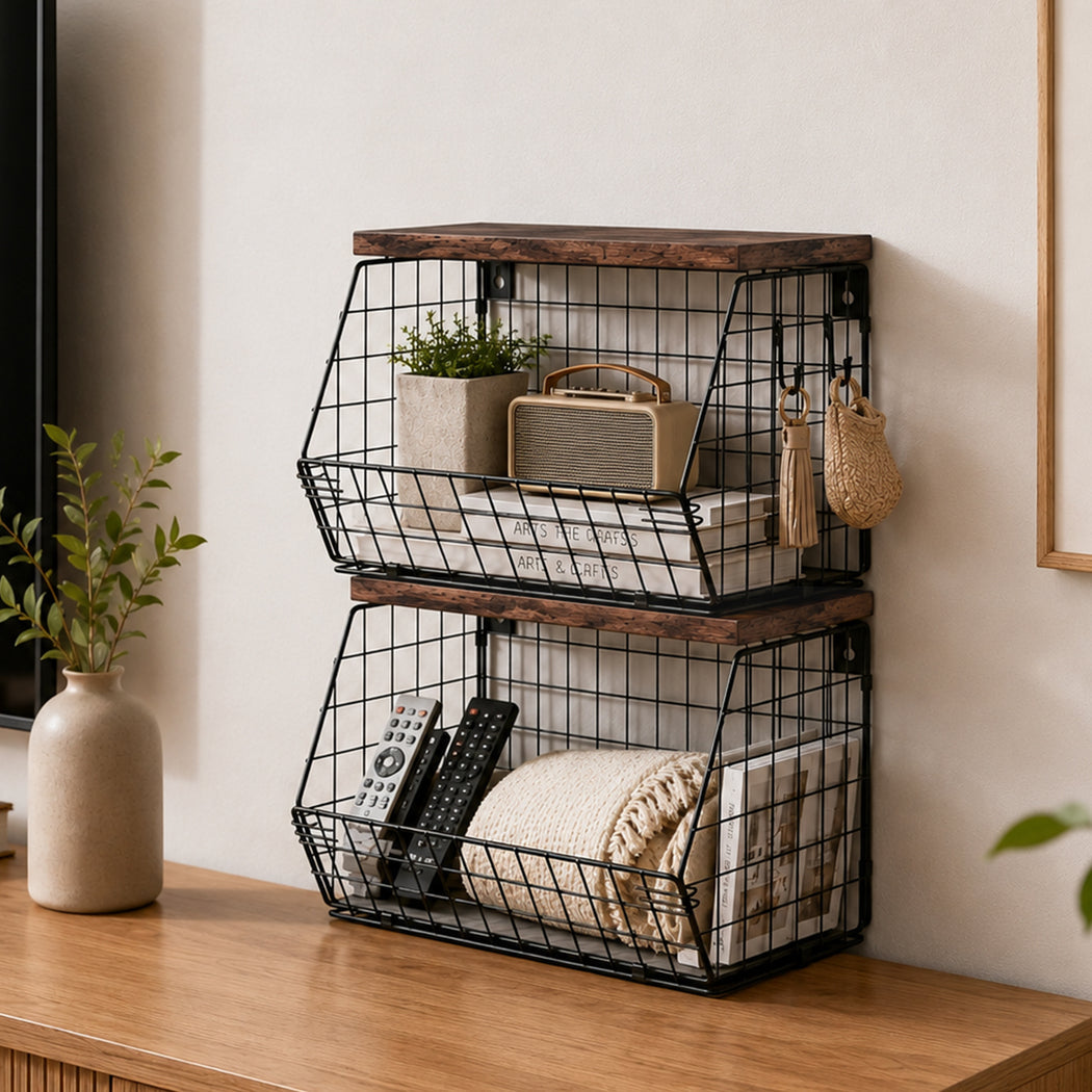 Toque 2Pcs Stackable Wall Mounted Kitchen Fruit Storage Basket With Wood Lid