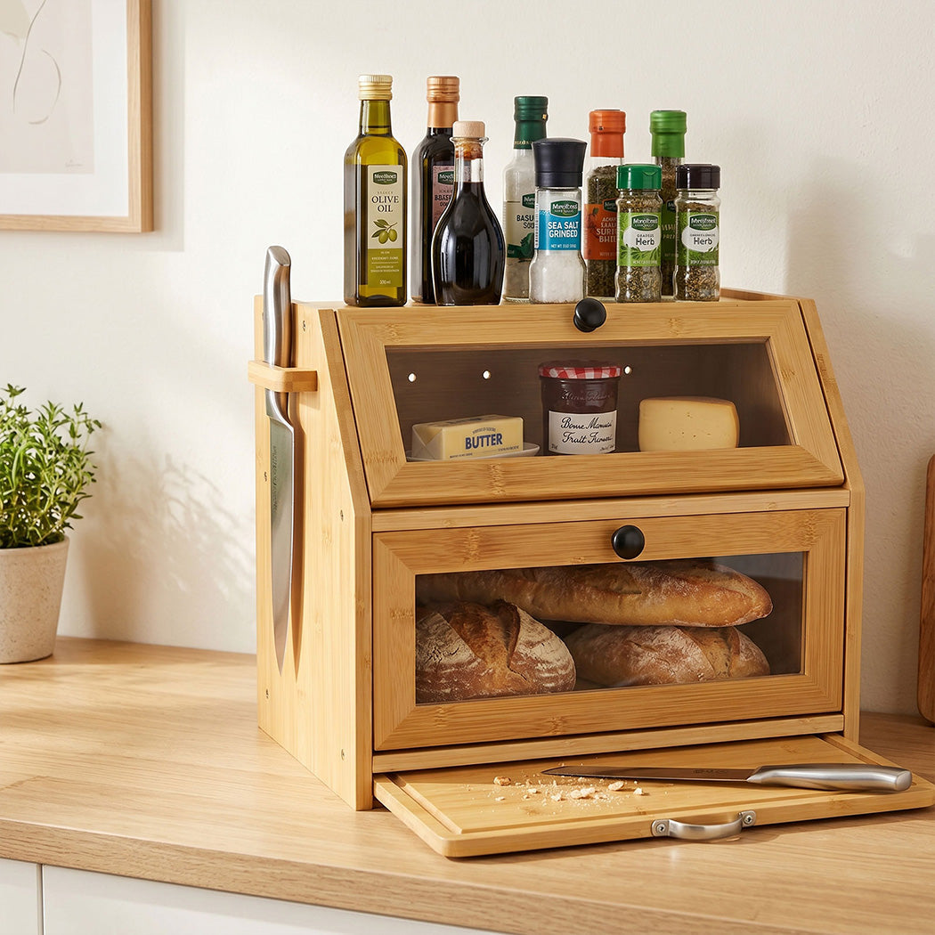 Toque Double Layer Bamboo Bread Box With Window & Cutting Board