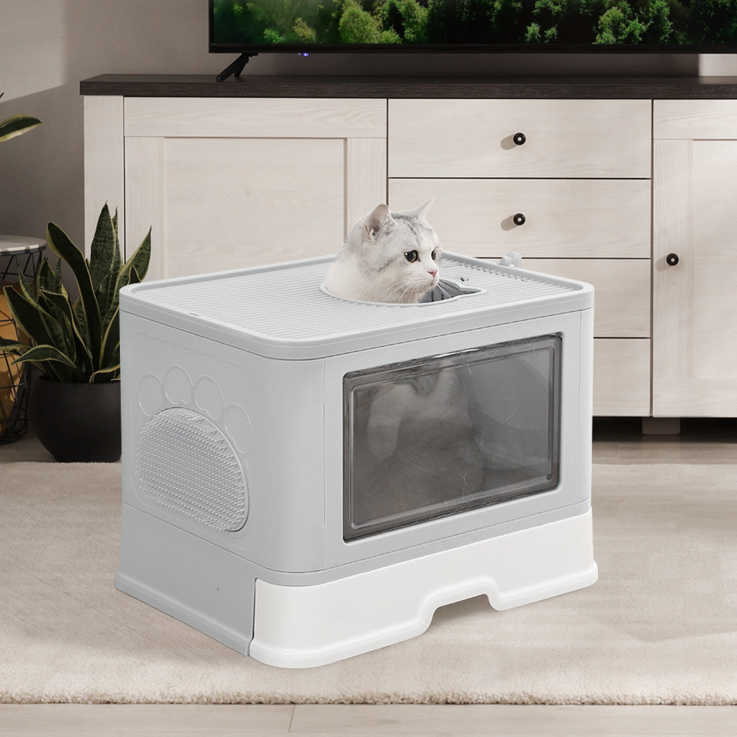 Pawz Foldable Cat Litter Box Tray Enclosed Grey Space Saving And Easy Clean Solution For Cats