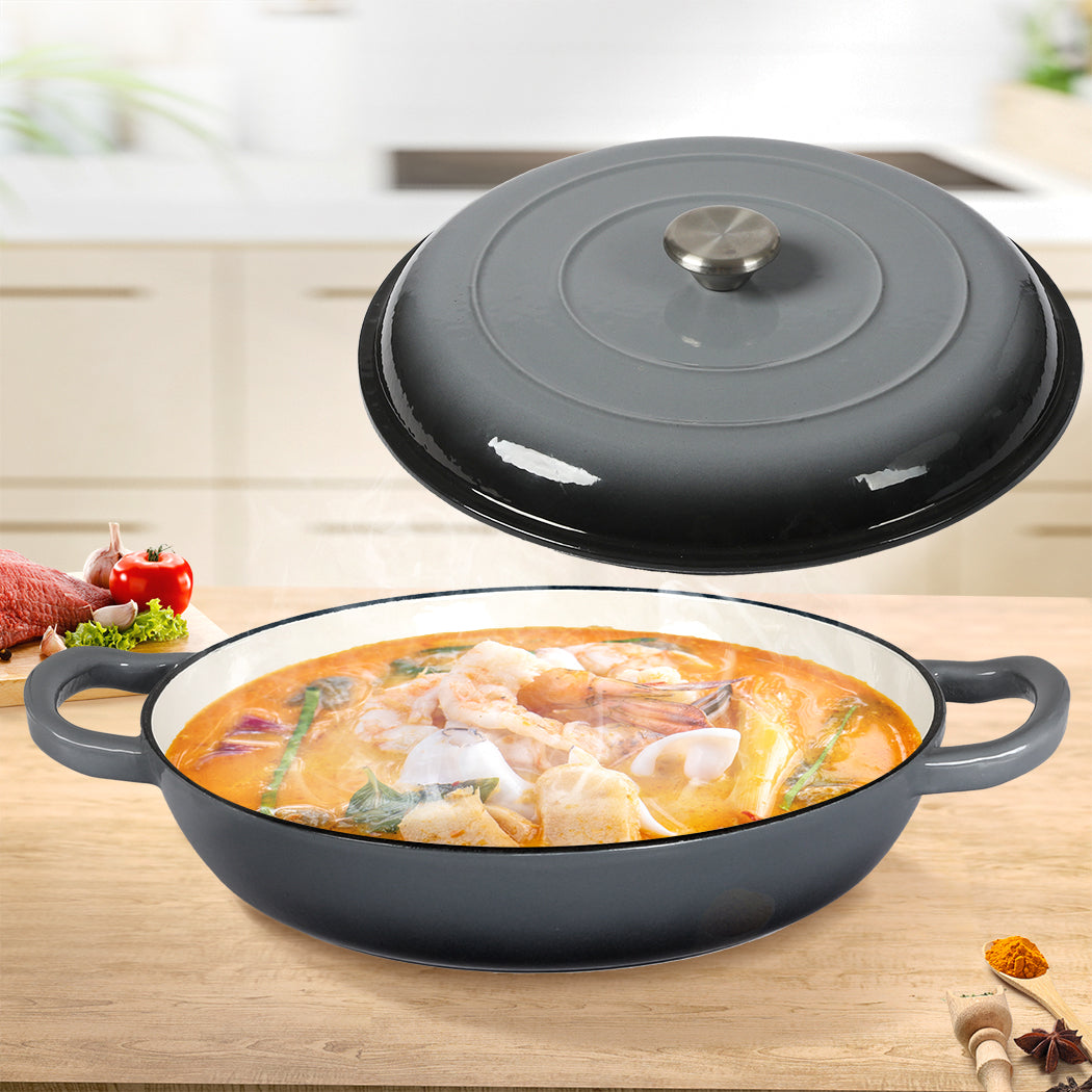 3.5L Enamel Dutch Oven Pan Black Cooking Pot Cast Iron With Lid Heat Resistant
