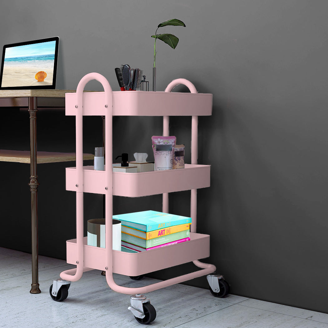 3 Tier Kitchen Trolley Cart Pink Rolling Storage Organizer For Home Office