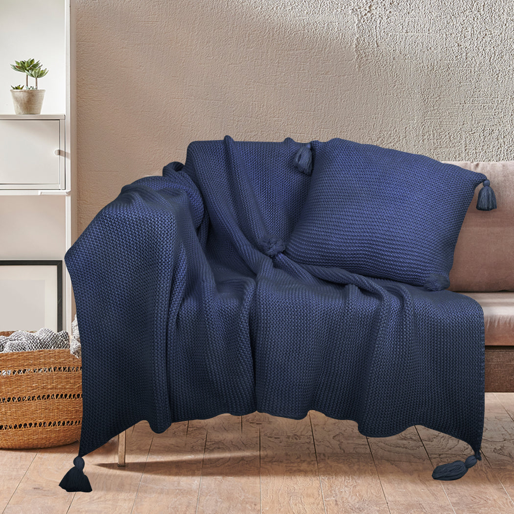 Dreamz Knitting Throw Blanket Cushion Navy