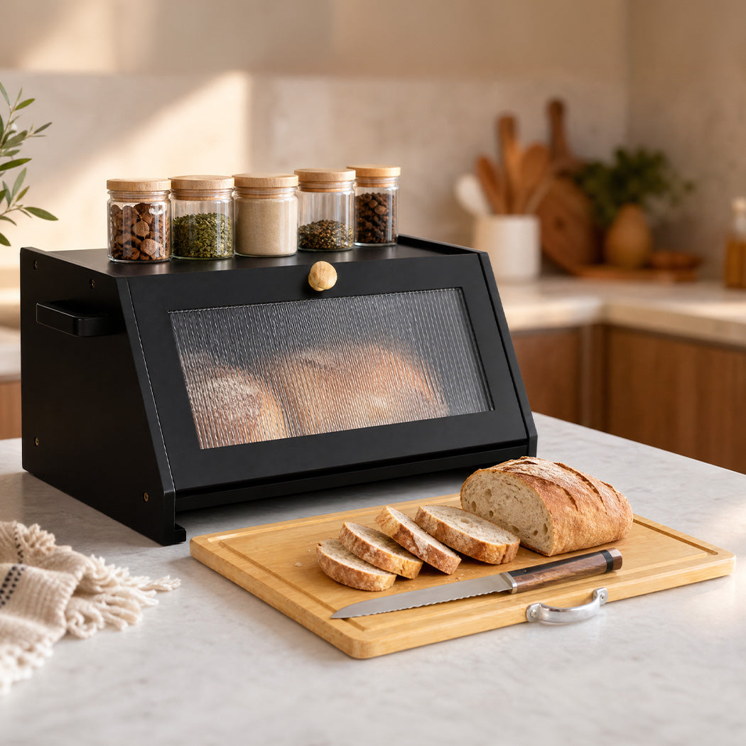 Toque Bamboo Bread Box With Cutting Board & Knife Holder Black