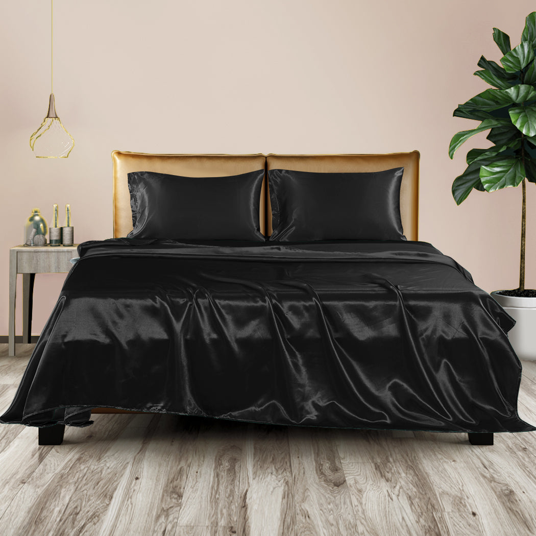 Dreamz Silky Satin Sheets Fitted Flat Queen Black