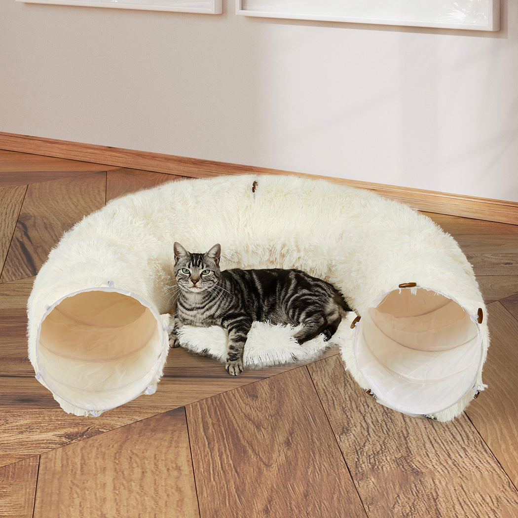 Pawz Cat Tunnel Foldable Fluffy Plush Play Tube Beige