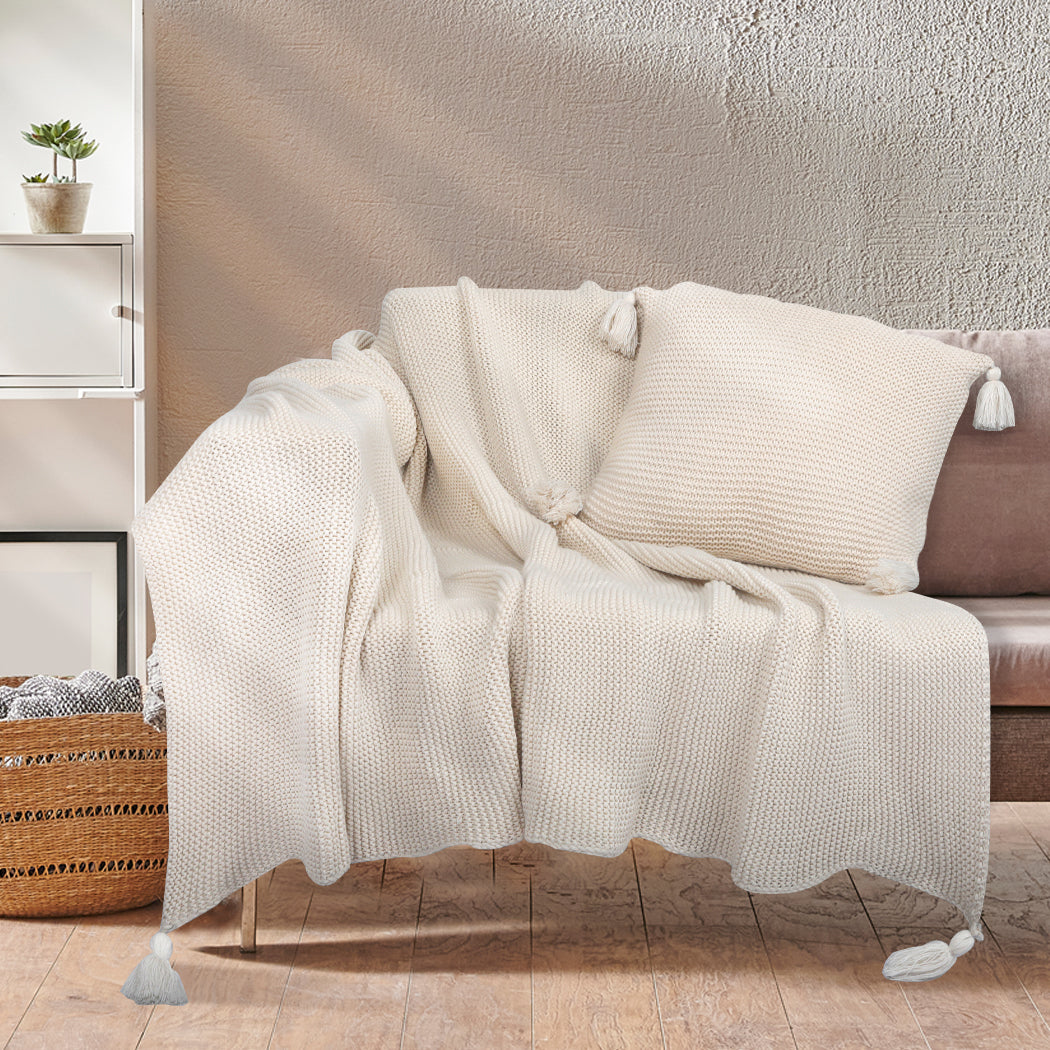 Dreamz Knitting Throw Blanket Cushion Beige