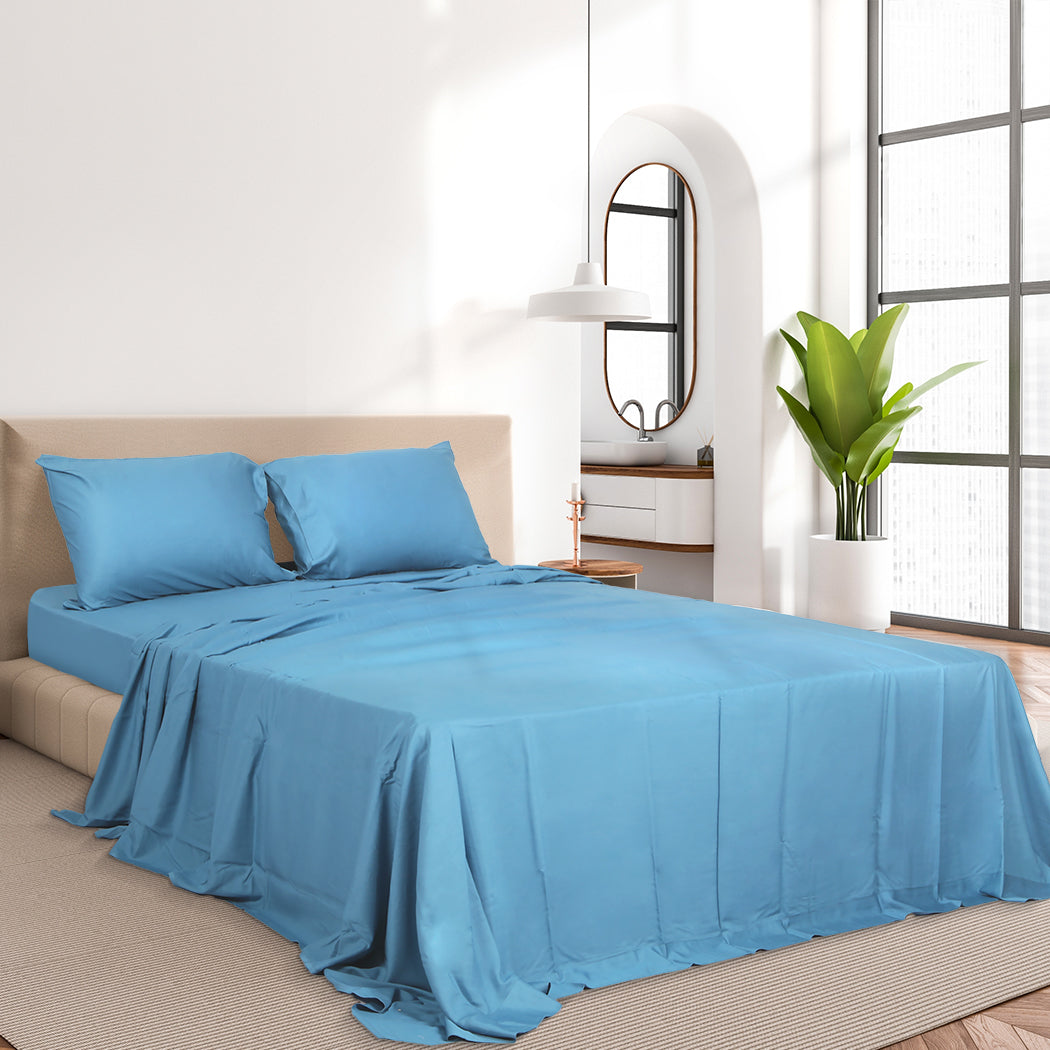 Dreamz 4Pcs Queen Size 100% Bamboo Bed Sheet Set In Soft Cool Blue For Ultimate Comfort