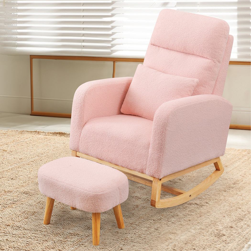 Rocking Chair With Ottoman Footrest Side Pocket Pink