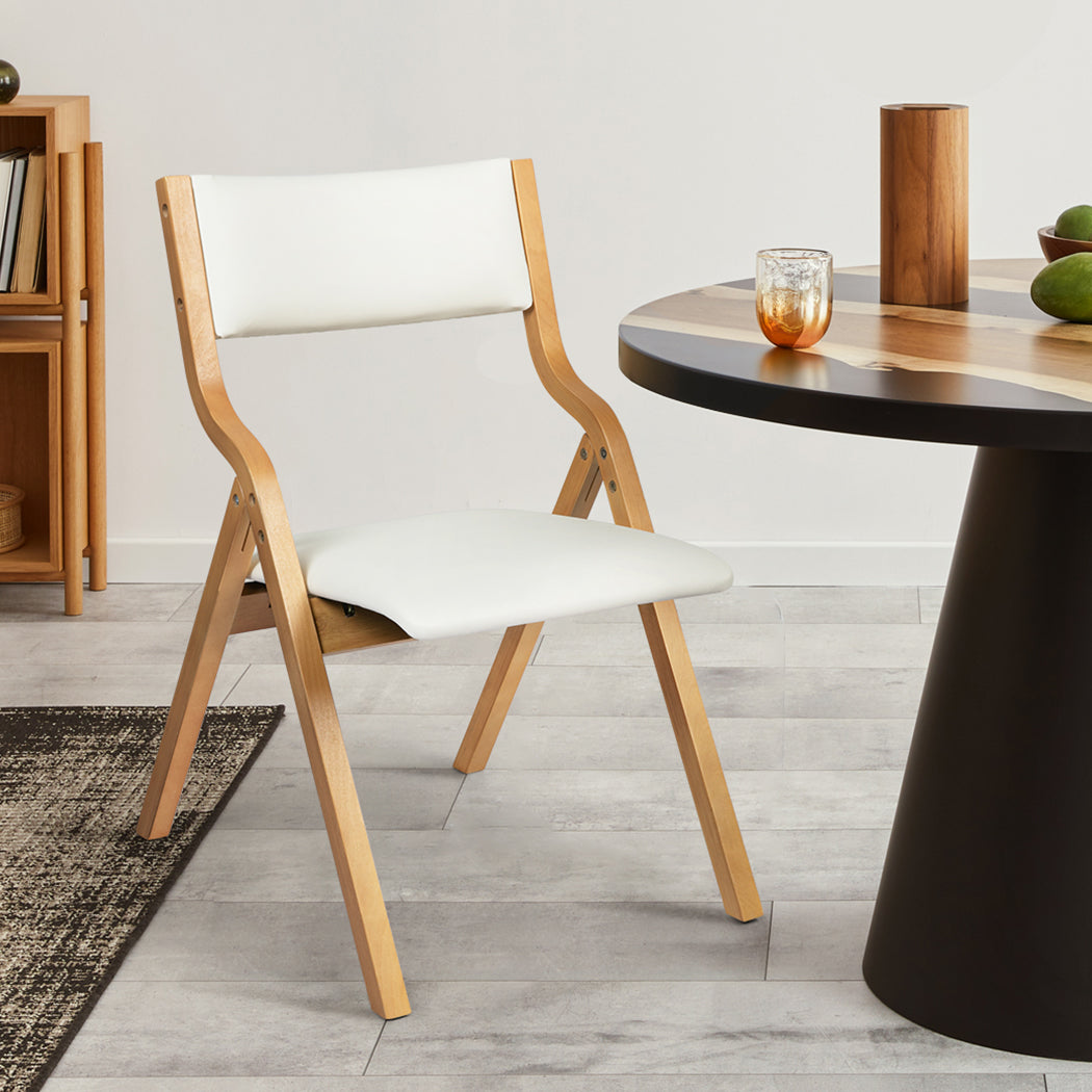 Set Of 2 Foldable Pu Dining Chairs Beige For Compact Storage And Stylish Seating