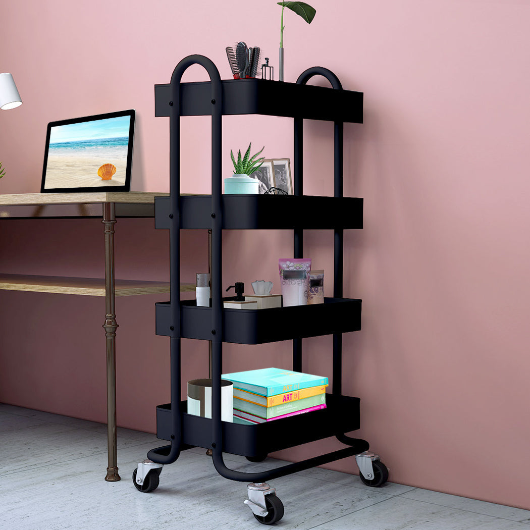 4 Tier Kitchen Trolley Cart Black Rolling Storage Organizer For Home Office