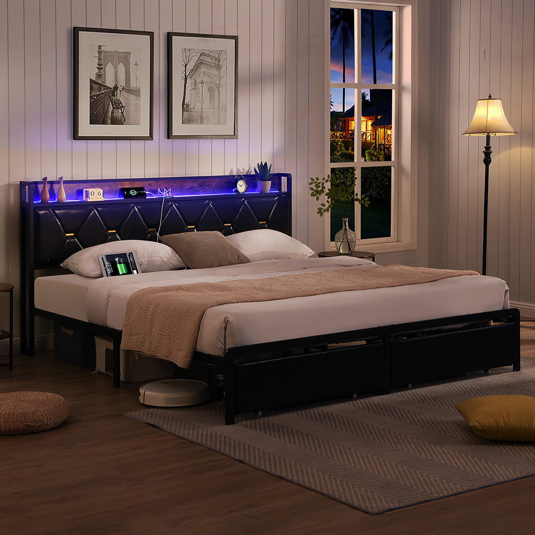 Queen Metal Bed Frame With Led Lights And 2 Drawers Black