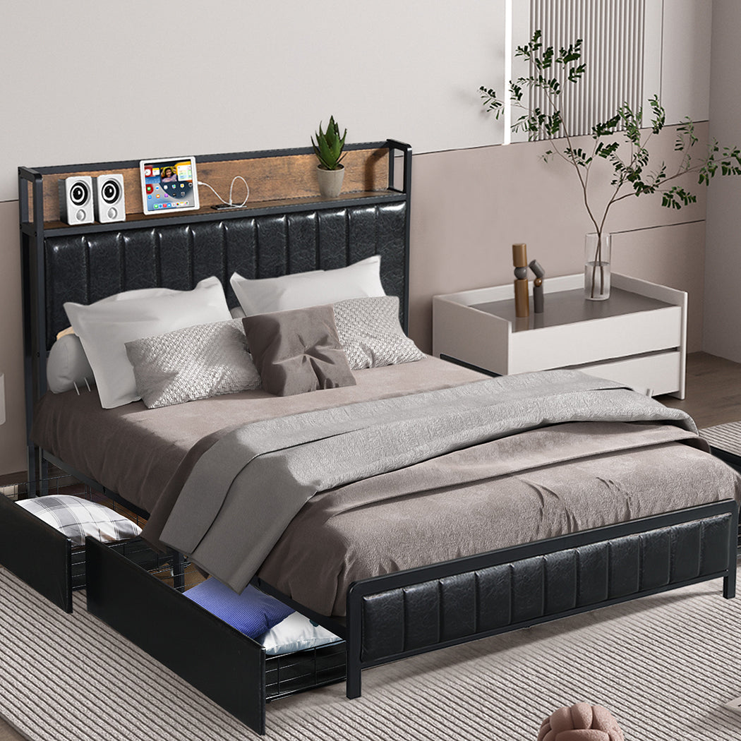 Queen Bed Frame Pu With 4 Drawers And Usb Charging Ports