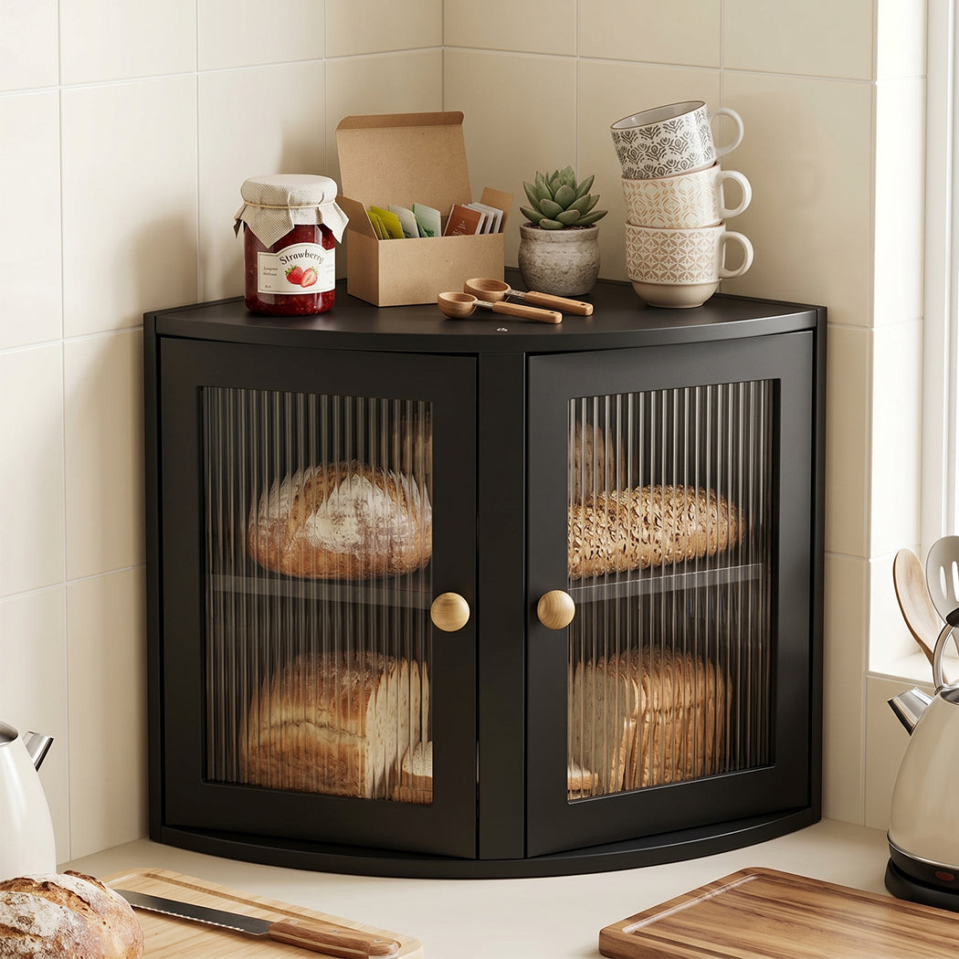 Toque 2 Tier Bamboo Corner Bread Box For Kitchen Countertop Storage Black