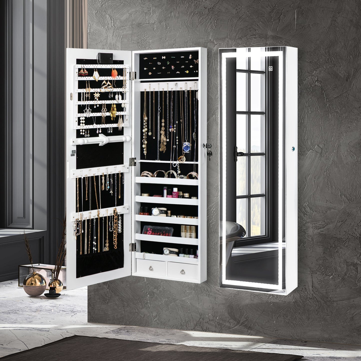 Veile Studios Levede 37Cm X 10Cm 110Cm Mirror Jewellery Cabinet Touch White