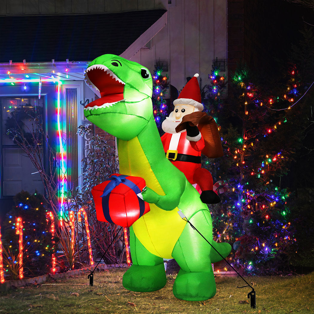 Santaco Christmas Inflatables Outdoor Claus Riding Dinosaur Lights Dcor