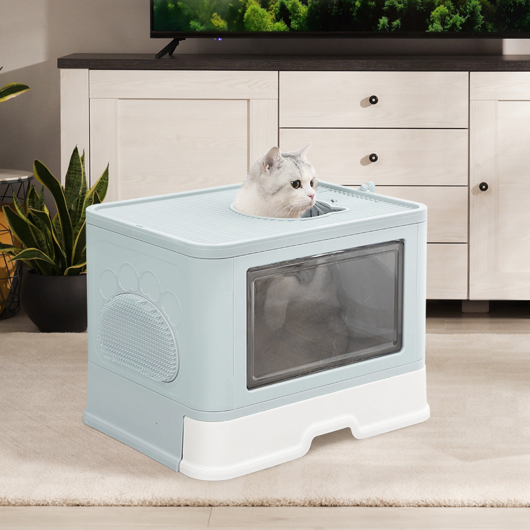 Pawz Foldable Cat Litter Box Tray Enclosed Blue Compact And Convenient For Cats