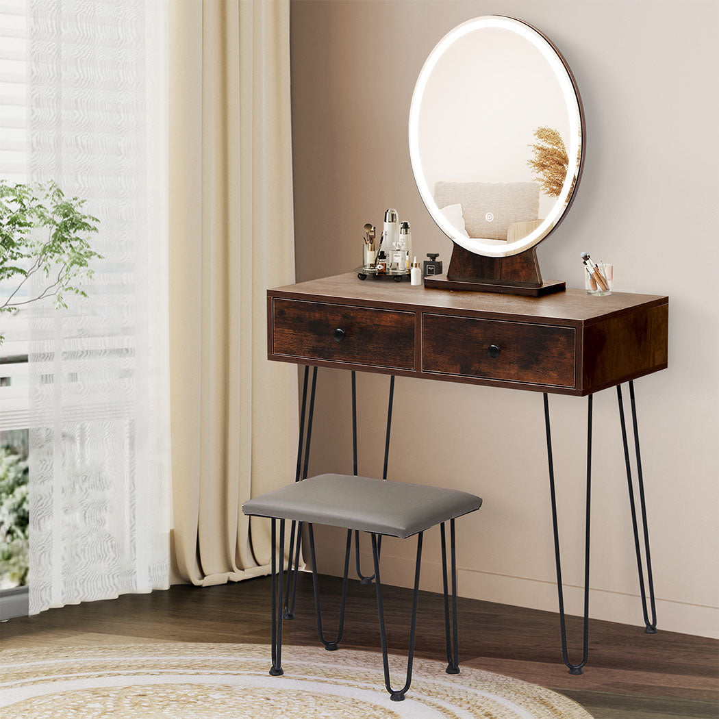 Dressing Table With Led Light Strip Brown Modern Vanity For Bedroom Or Makeup Space