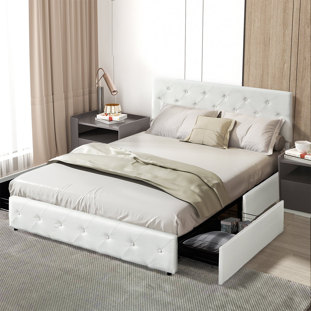 Queen Bed Frame Tufted With 4 Storage Drawers Cream