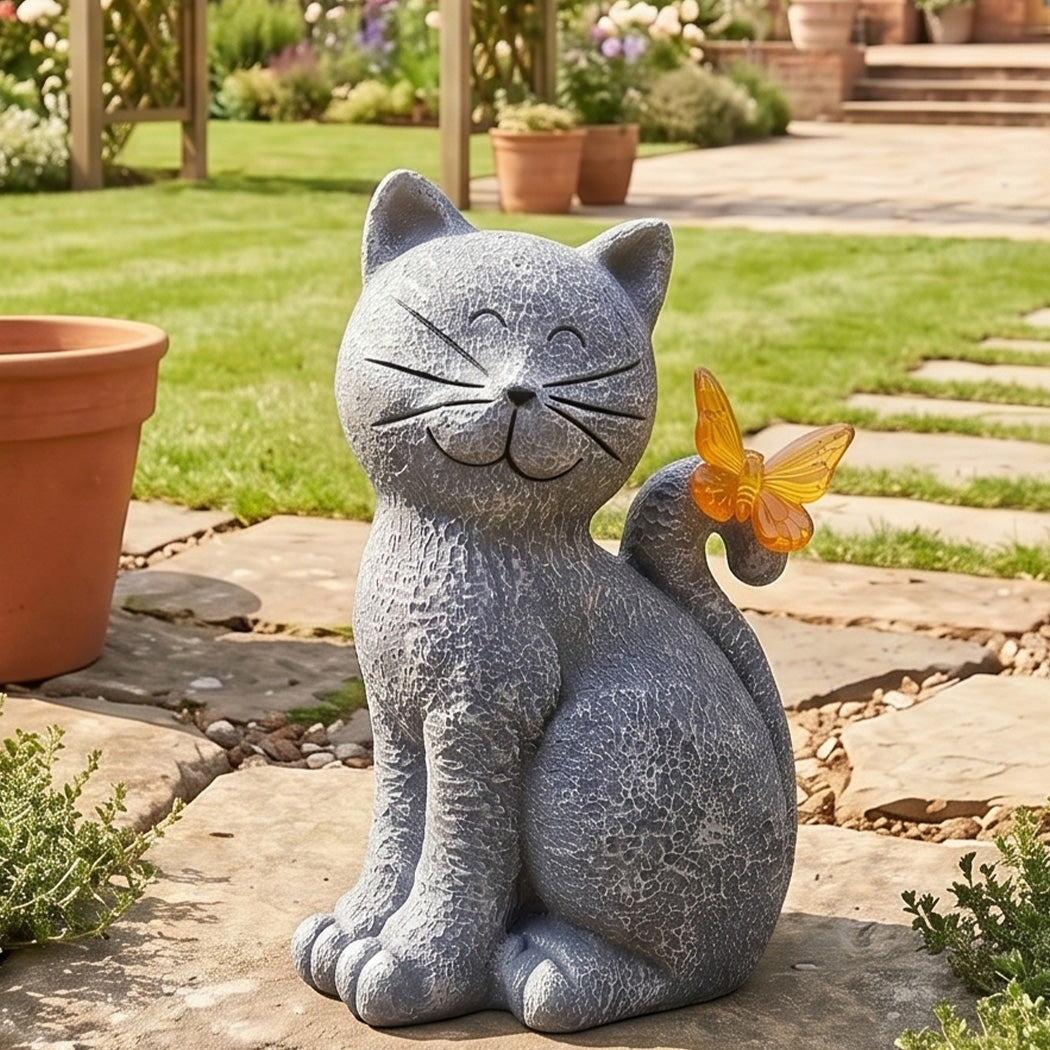 Emitto Solar Cat Butterfly Garden Statue With Led Light Resin Outdoor Decor
