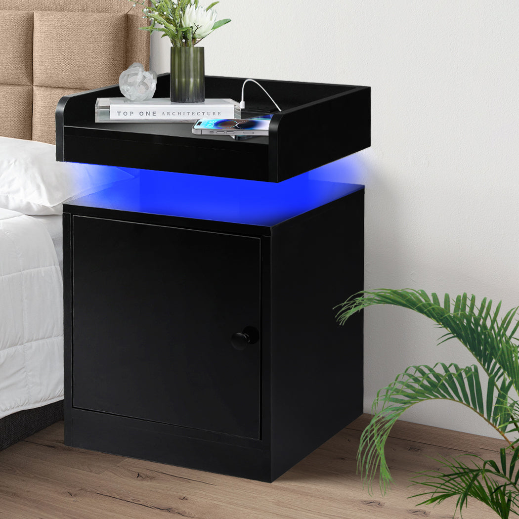 Bedside Table With Usb Charger Outlet And Rgb Lights Black Modern Nightstand For Bedroom