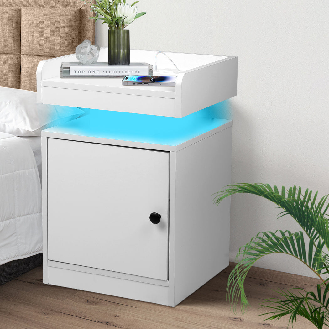 Bedside Table With Usb Charger Outlet And Rgb Lights White Modern Nightstand For Bedroom