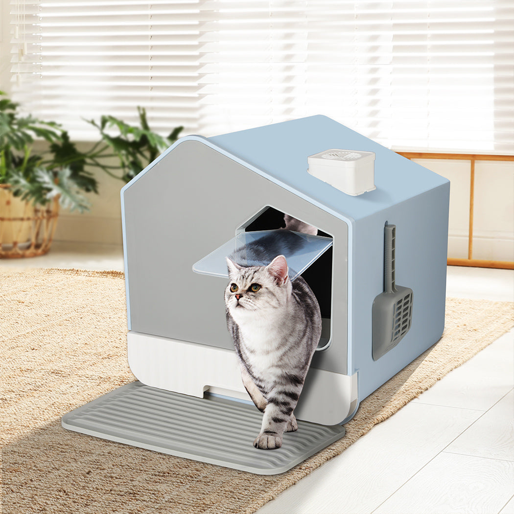 Pawz Fully Enclosed Cat Litter Box Mat Blue Easy Cleanup And Odor Control For Cats