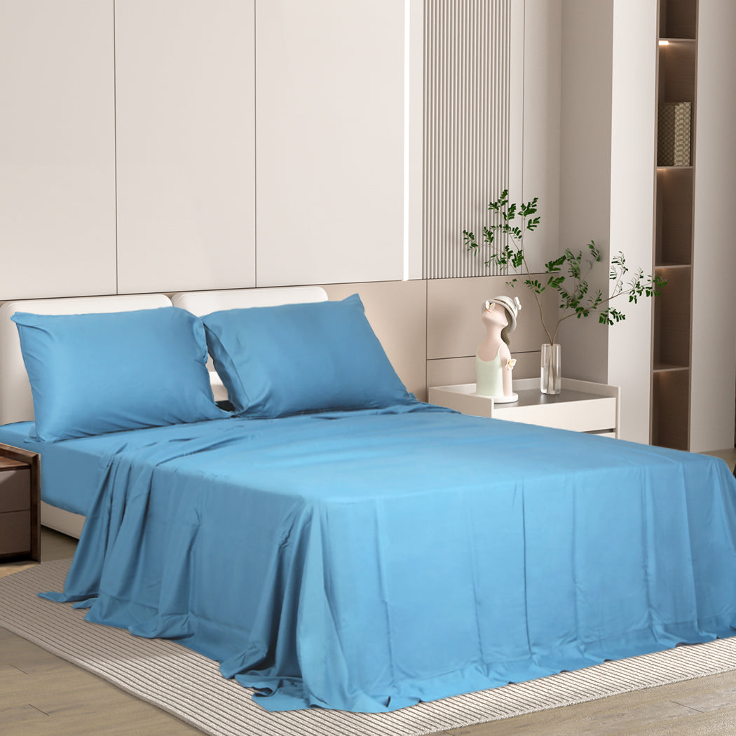 Dreamz 4Pcs Double Size 100% Bamboo Bed Sheet Set In Blue Colour Soft Cool Breathable