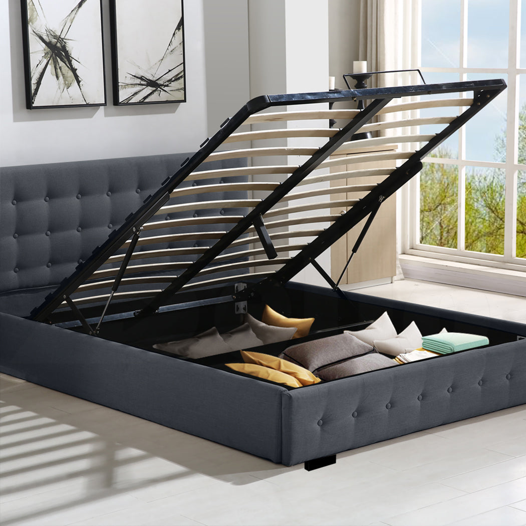 Queen Fabric Bed Frame Tufted Dark Grey Modern And Comfortable Bedding For Bedroom Decor
