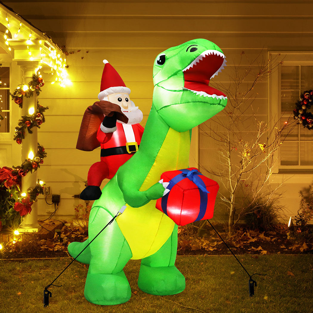 Santaco Christmas Inflatables Outdoor Claus Riding Dinosaur Lights Dcor