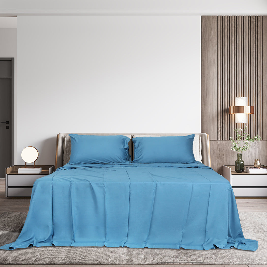 Dreamz 4Pcs Queen Size 100% Bamboo Bed Sheet Set In Soft Cool Blue For Ultimate Comfort