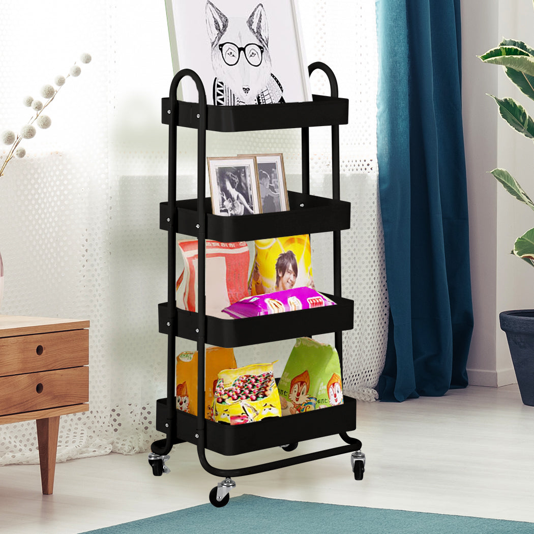 4 Tier Kitchen Trolley Cart Black Rolling Storage Organizer For Home Office