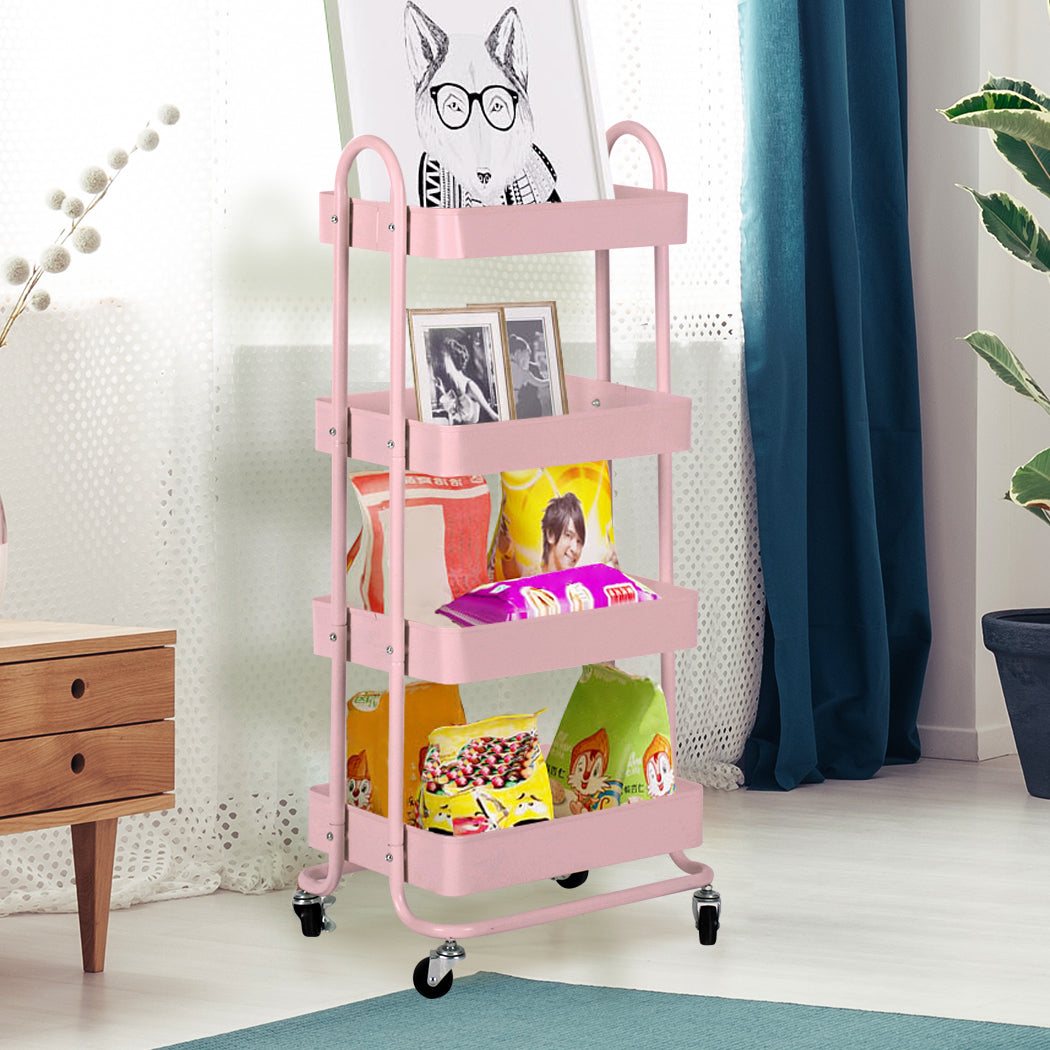 4 Tier Kitchen Trolley Cart Pink Storage Rolling Organizer For Home Office