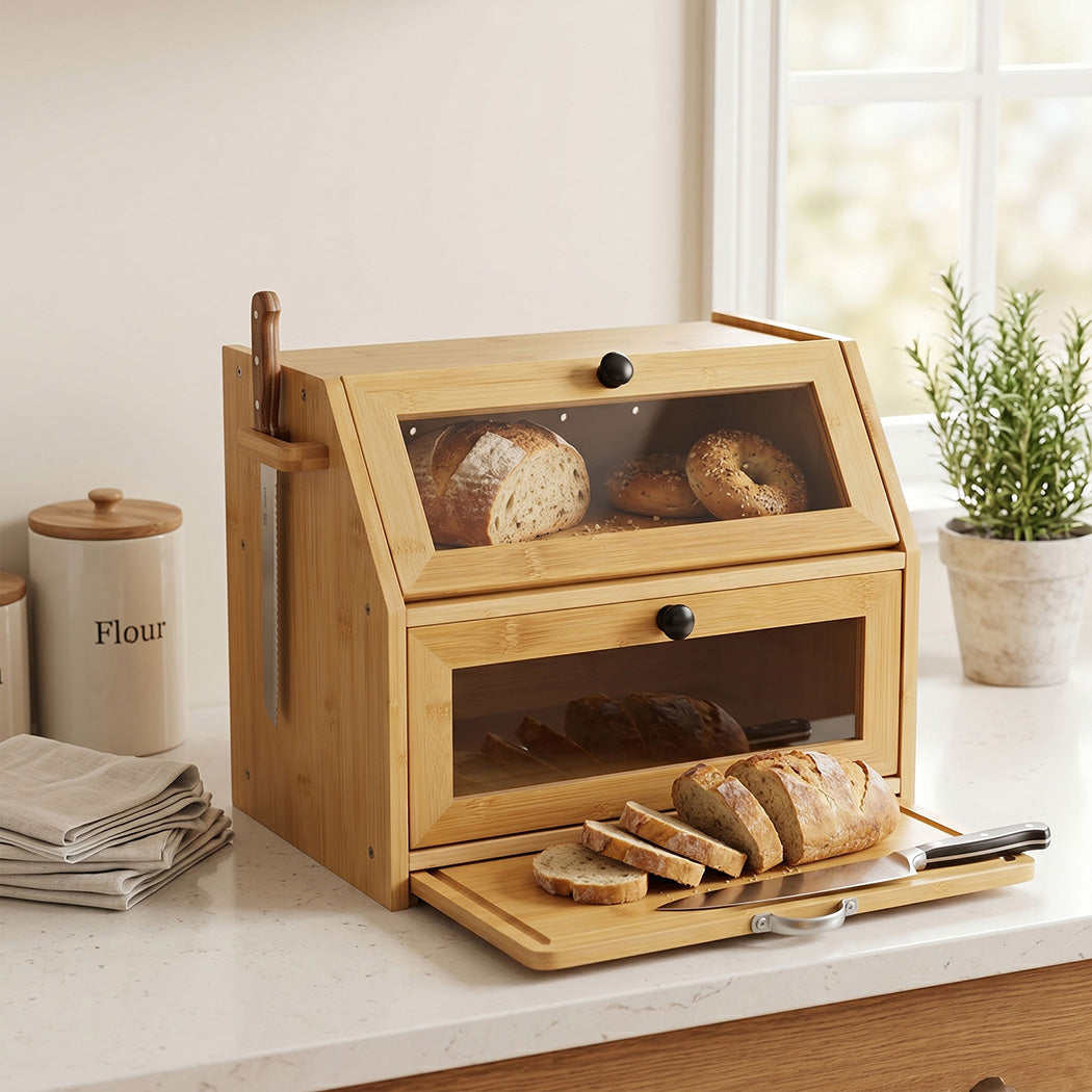 Toque Double Layer Bamboo Bread Box With Window & Cutting Board