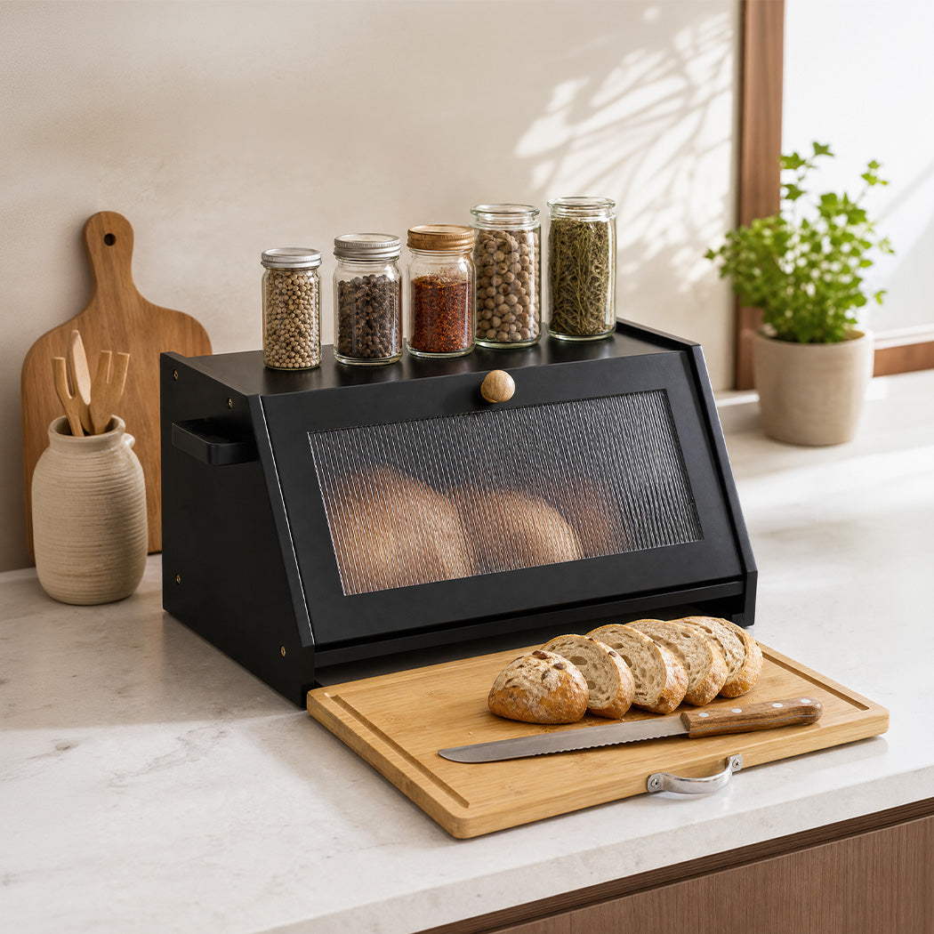 Toque Bamboo Bread Box With Cutting Board & Knife Holder Black