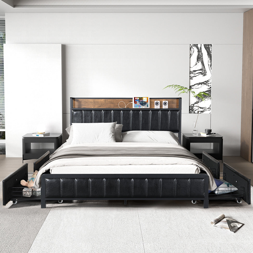 Queen Bed Frame Pu With 4 Drawers And Usb Charging Ports