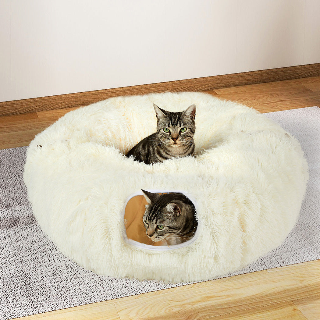 Pawz Cat Tunnel Foldable Fluffy Plush Play Tube Beige