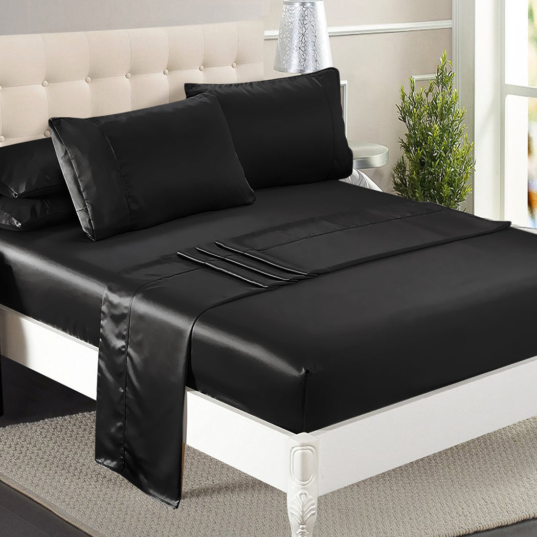 Dreamz Silky Satin Sheets Fitted Double Black