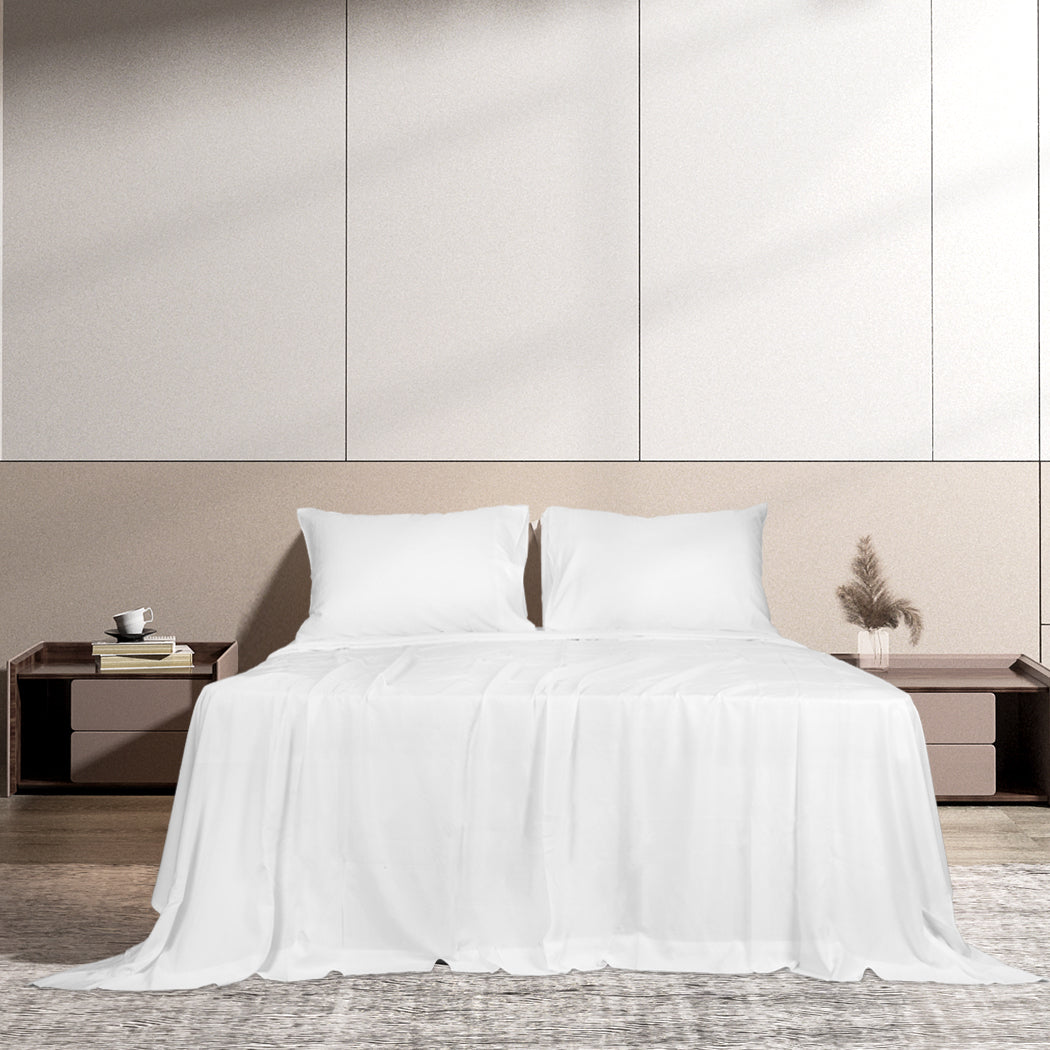 Dreamz 4Pcs Double Size 100% Bamboo Bed Sheet Set In White Colour Soft Cool Hypoallergenic